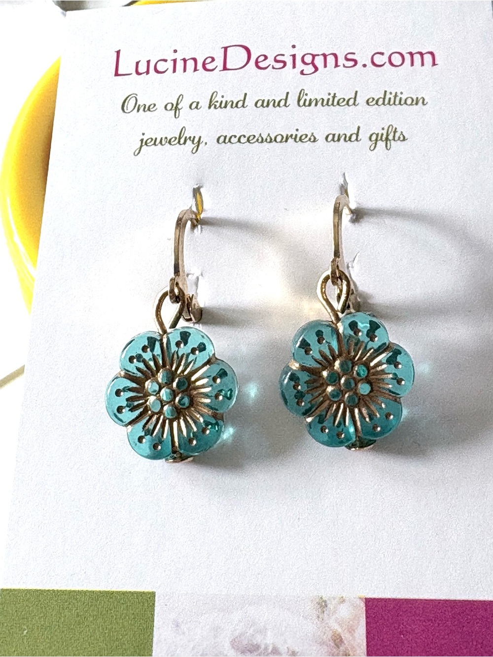 Gold Hoop Earrings with Blue Floral Drops, new